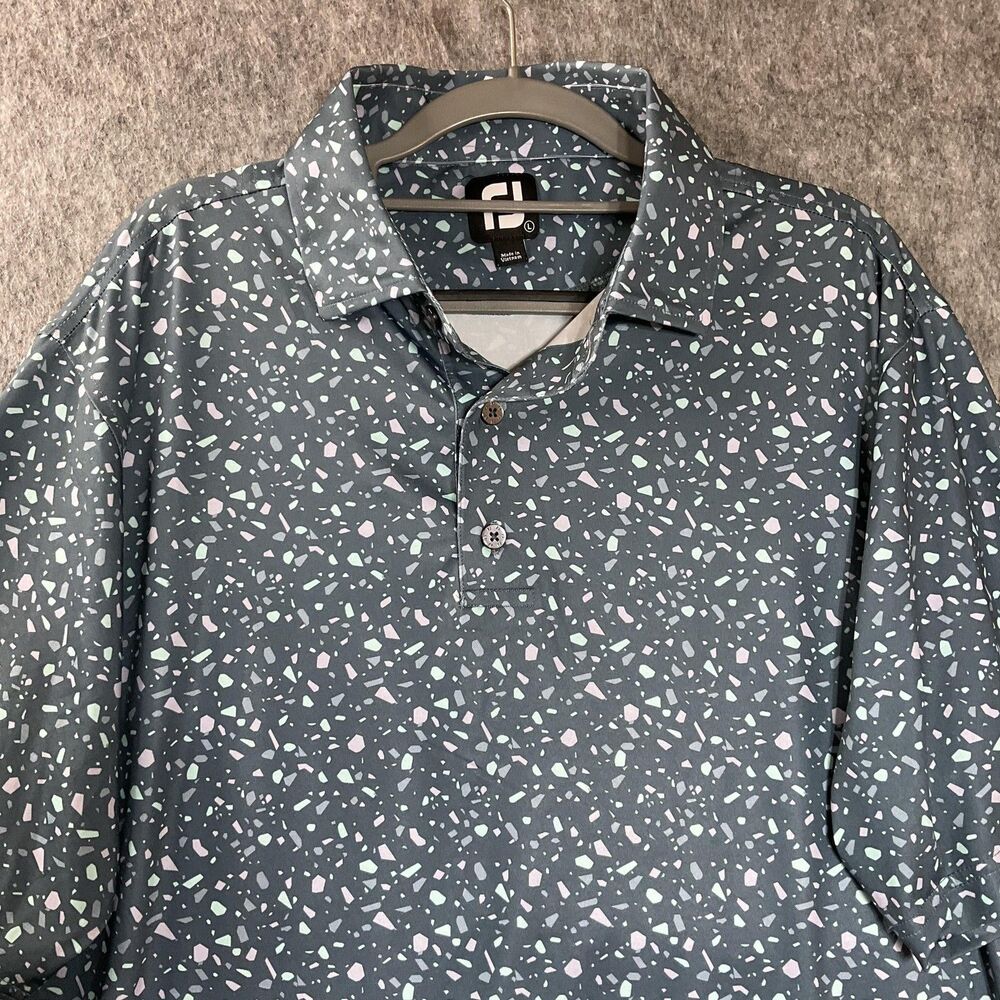 FootJoy Polo Shirt Mens Large Blue Golf Terrazzo Print Performance 1922 Logo FJ